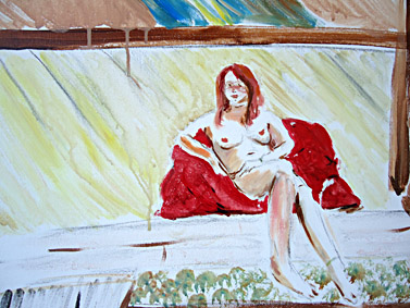 Schilderij van een vrouwelijk naaktmodel, gemaakt tijdens een workshop schilderen op een vrijgezellenfeest in Wageningenmet 15 mannen